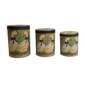 Set of 3 Vintage Geese w/ Blue Bows Nesting Metal Canister Tins 1980s R.O.C